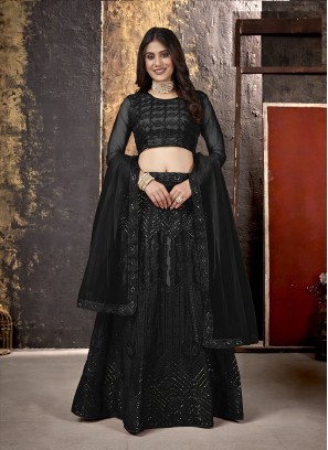 Black  Color Net And Embroidered Work Lehenga