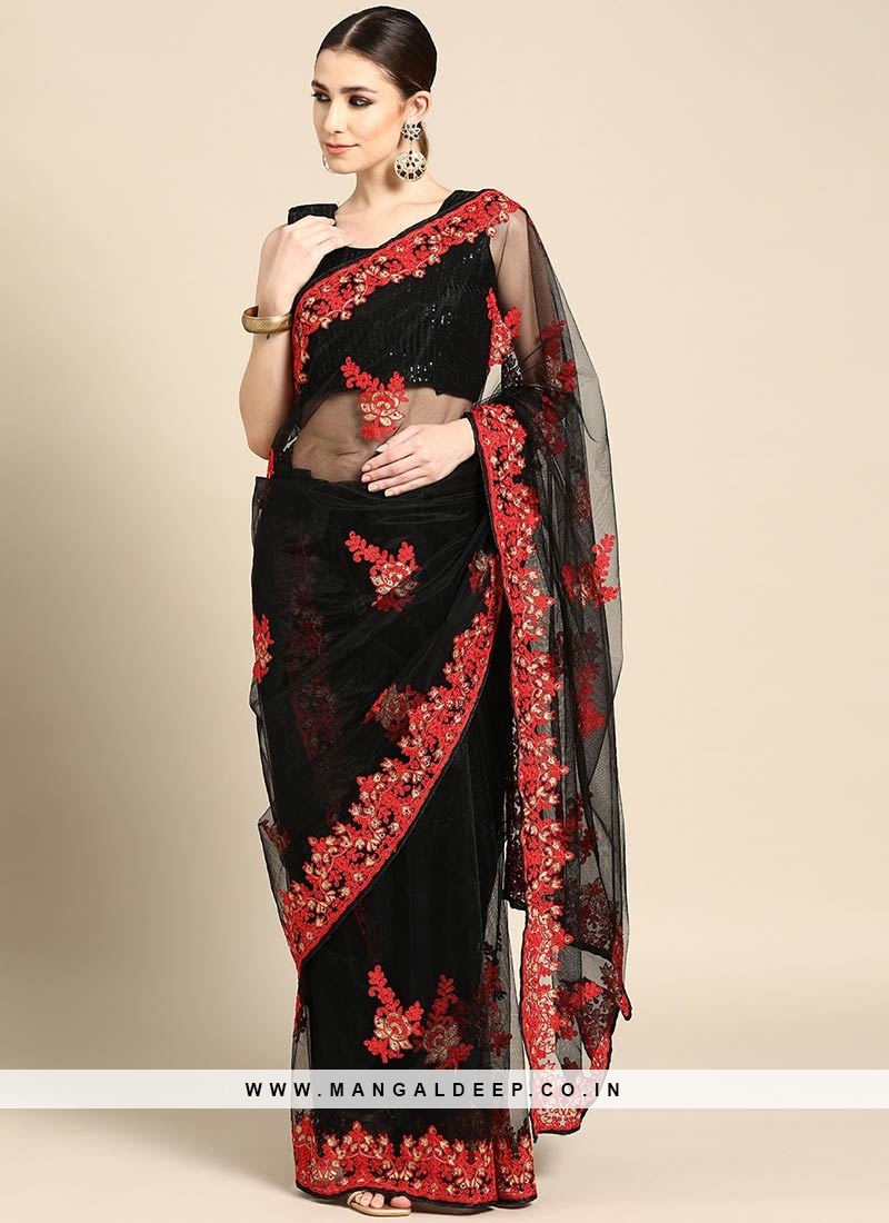 Black Color Net Embroidered Party Wear Saree