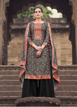 Black Color Pashmina Silk Printed Suit With Palazzo