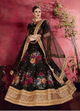 Black Color Printed Art Silk Lehenga