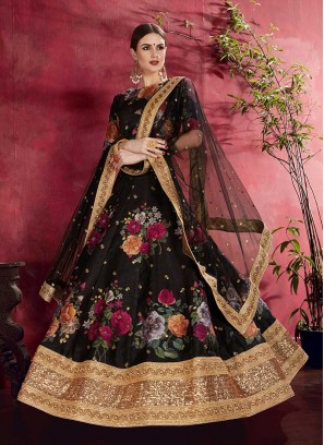 Black Color Printed Art Silk Lehenga