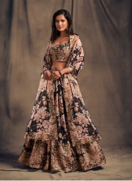 Black Color Printed Party Wear Lehenga