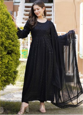 Black Color Rayon Embroidered Readymade Suit