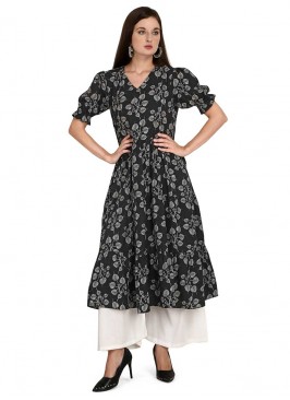 Black Color Rayon Kurti With Bottom
