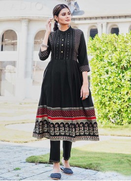 Black Color Rayon Kurti With Bottom