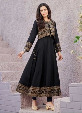 Black Color Rayon Kurti With Koti