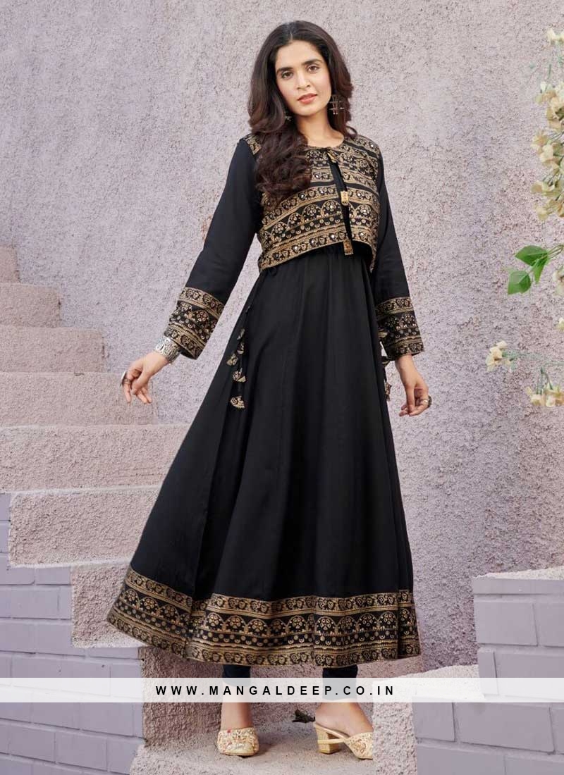 Black Color Rayon Kurti With Koti