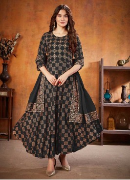 Black Color Rayon Printed Anarkali Suit
