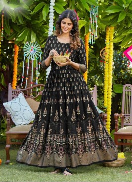 Black Color Rayon Printed Festive Wear Gown