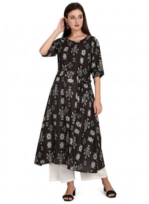 Black Color Rayon Printed Kurta Set