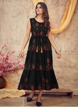 Black Color Rayon Printed Kurti