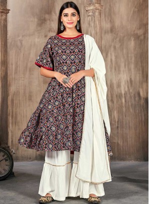Black Color Rayon Printed Readymade Suit