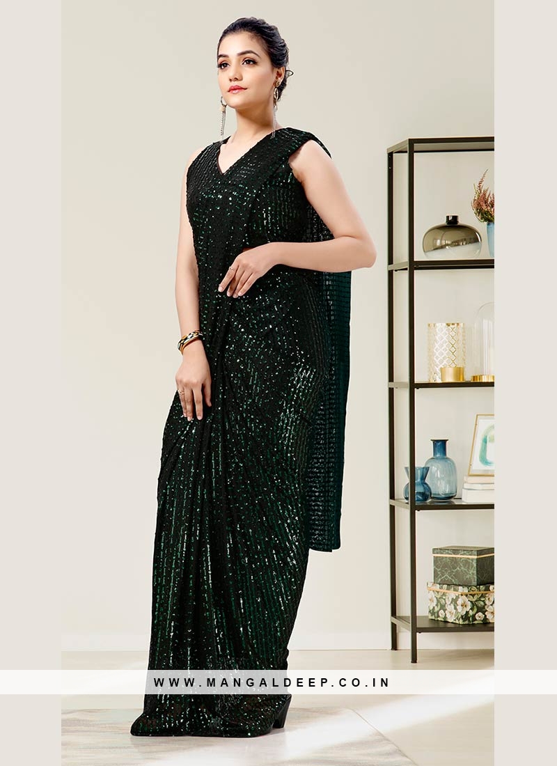 Black Color Sequins Work Saree With Readymade Blouse