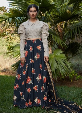 Black Color Silk Crepe Printed Lehenga