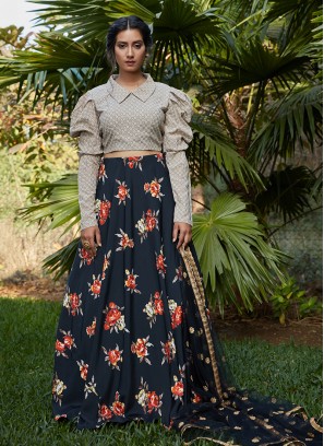 Black Color Silk Crepe Printed Lehenga