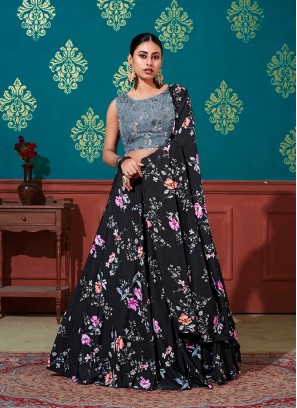 Black Color Silk Printed Lehenga