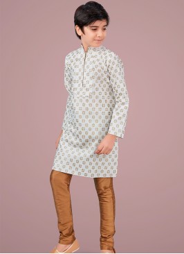 Off white cotton silk Indo Western Suit for Boys.