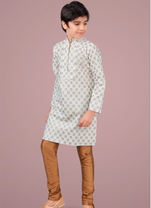 Off white cotton silk Indo Western Suit for Boys.