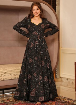 Black Digital Print Festival Trendy Gown