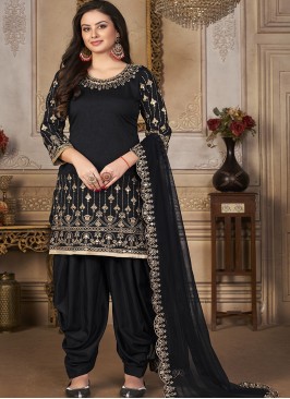 Black Embroidered Art Silk Semi Stitched Suit