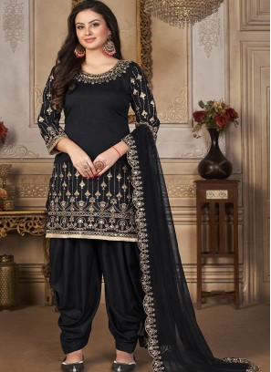 Black Embroidered Art Silk Semi Stitched Suit