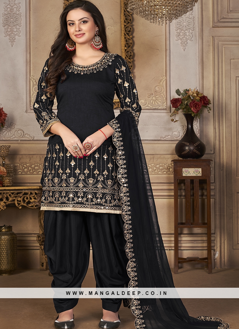 Black Embroidered Art Silk Semi Stitched Suit-sieuthinhanong.vn