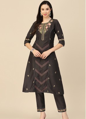 Black Embroidered Chinon Straight Kurta with Trouser & Dupatta