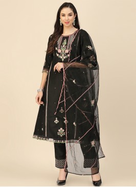 Black Embroidered Chinon Straight Kurta with Trous