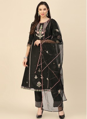 Black Embroidered Chinon Straight Kurta with Trouser & Dupatta