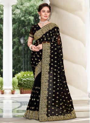 Black Embroidered Contemporary Saree