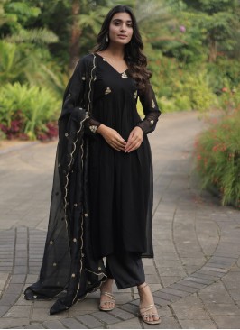 Black Embroidered Faux Georgette Readymade Salwar Kameez