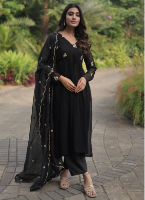 Black Embroidered Faux Georgette Readymade Salwar Kameez