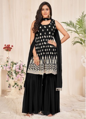 Black Embroidered Georgette Straight Salwar Kameez