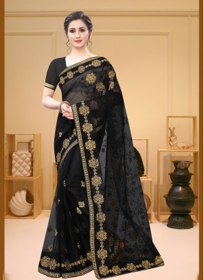 Black Embroidered Net Designer Saree