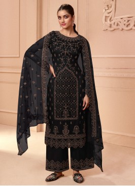 Black Embroidered Net Palazzo Suit