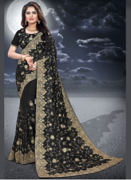 Black Embroidered Silk Classic Designer Saree