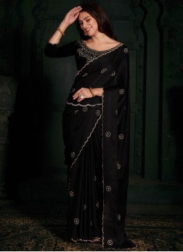 Black Georgette Satin Reception Trendy Saree