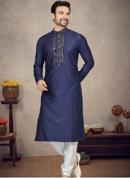 Navy Blue Jaquard Kurta with Off White Churidar Bottoms.