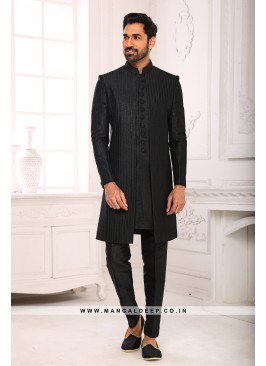 Black Navabi Indo Western Embroidered Art Banarasi Silk Sherwani with Art Silk Aligadhi Bottom.