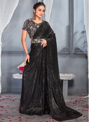 Black Net Digital Print Trendy Saree