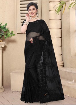 Black Net Embroidered Designer Saree