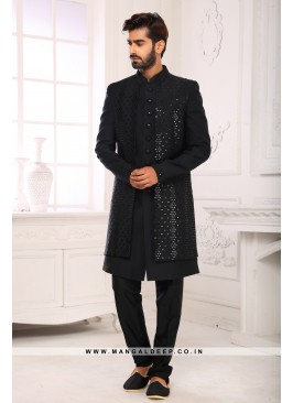 Black Opulent Ornaments  Mirror Work Jacket Style Sherwani