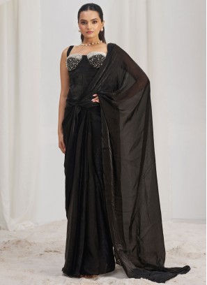 Black Organza Plain Lehenga Style Saree