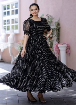 Black Printed Georgette Floor Length Gown