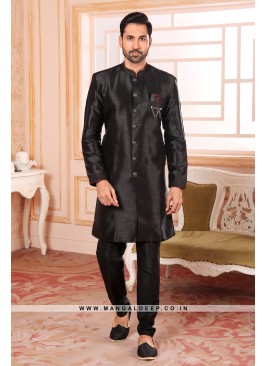 Black Raw Silk Nawabi Style Indo Western Sherwani 