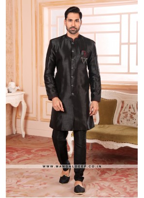 Black Raw Silk Nawabi Style Indo Western Sherwani with Art Silk Pant