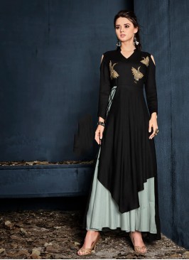 Black Rayon Embroidered Party Wear Kurti