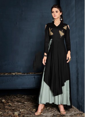 Black Rayon Embroidered Party Wear Kurti