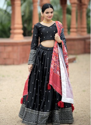 Black Reception Silk A Line Lehenga Choli