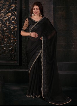 Black Sequins Chiffon Satin Classic Saree